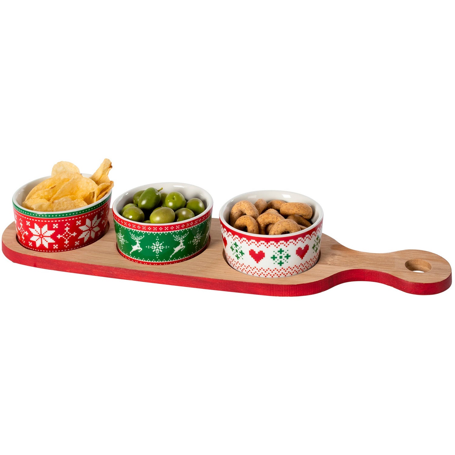 VESTIAMO CASA GRAN NATALE - Antipastiera Natalizia 3 coppette con base in bamboo 38,5x10 cm